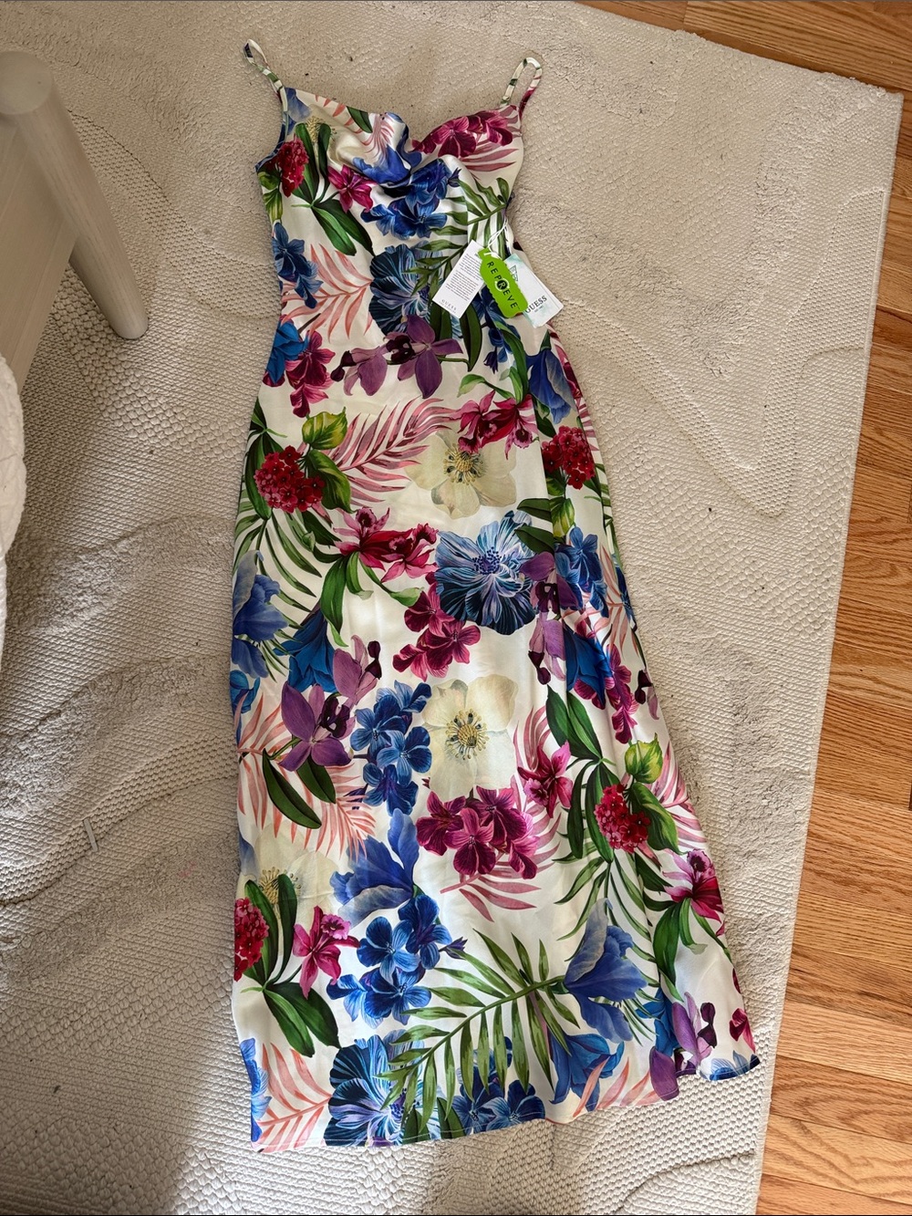 Guess Floral Maxi Dress - White with Blue, Pink, Purple & Green